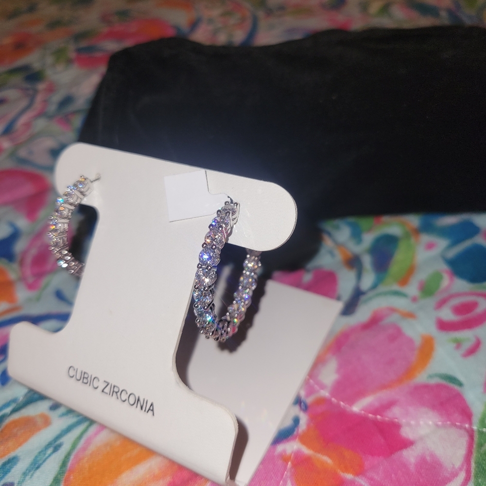GORGEOUS CZ Diamond Rhodium Plated Hoop Earrings